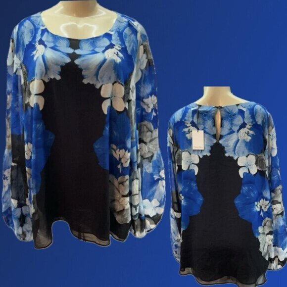 Calvin Klein +2X Blue Floral Print Lined Crew Neckline Sheer Long Sleeve Blouse
